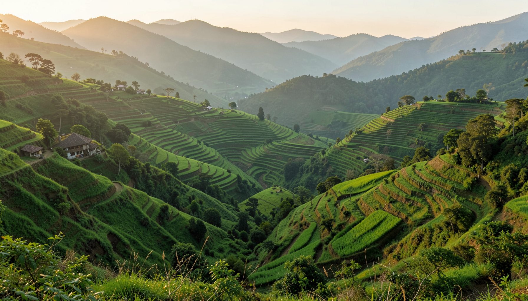 Soft panoramic view of green hills and terraced fields in the Banepa valley under warm morning light