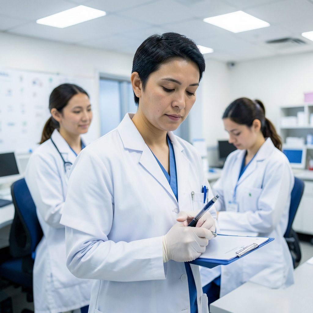 Healthcare workers in clinical setting engaged in hands-on training, focused and collaborative mood