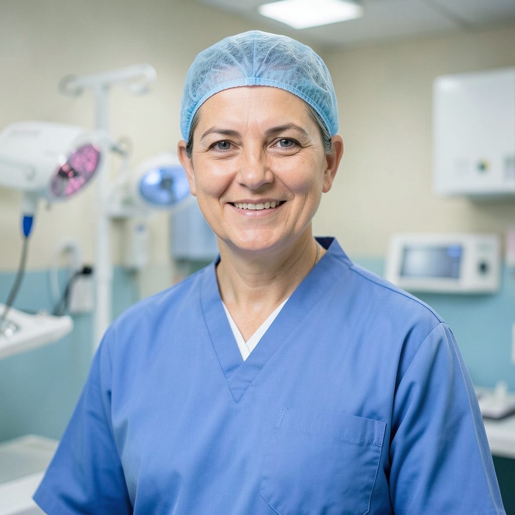 Medical professionals in blue scrubs gathered in a hospital corridor, calm and professional atmosphere