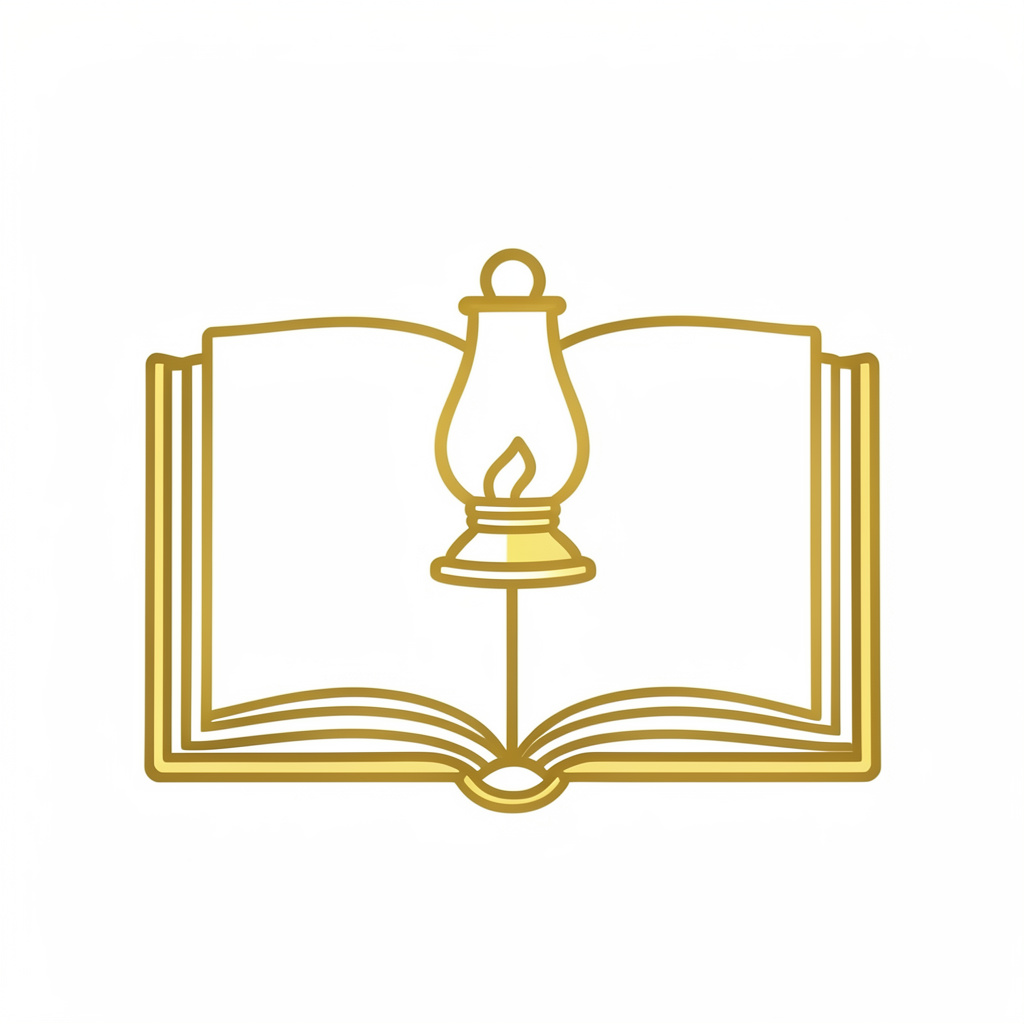 Simple line-art icon of an open book with a lamp in gold