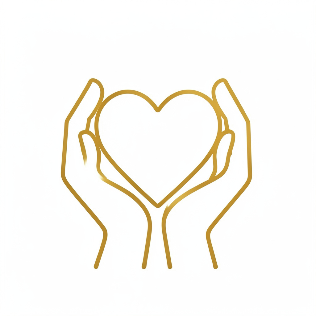 Simple line-art icon of two hands cradling a heart in gold