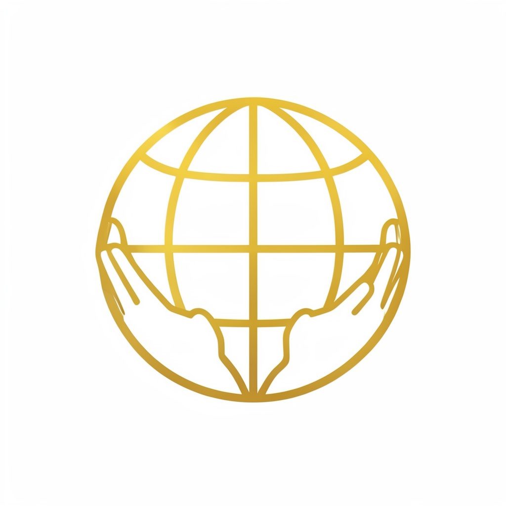 Simple line-art icon of a globe with linked hands in gold