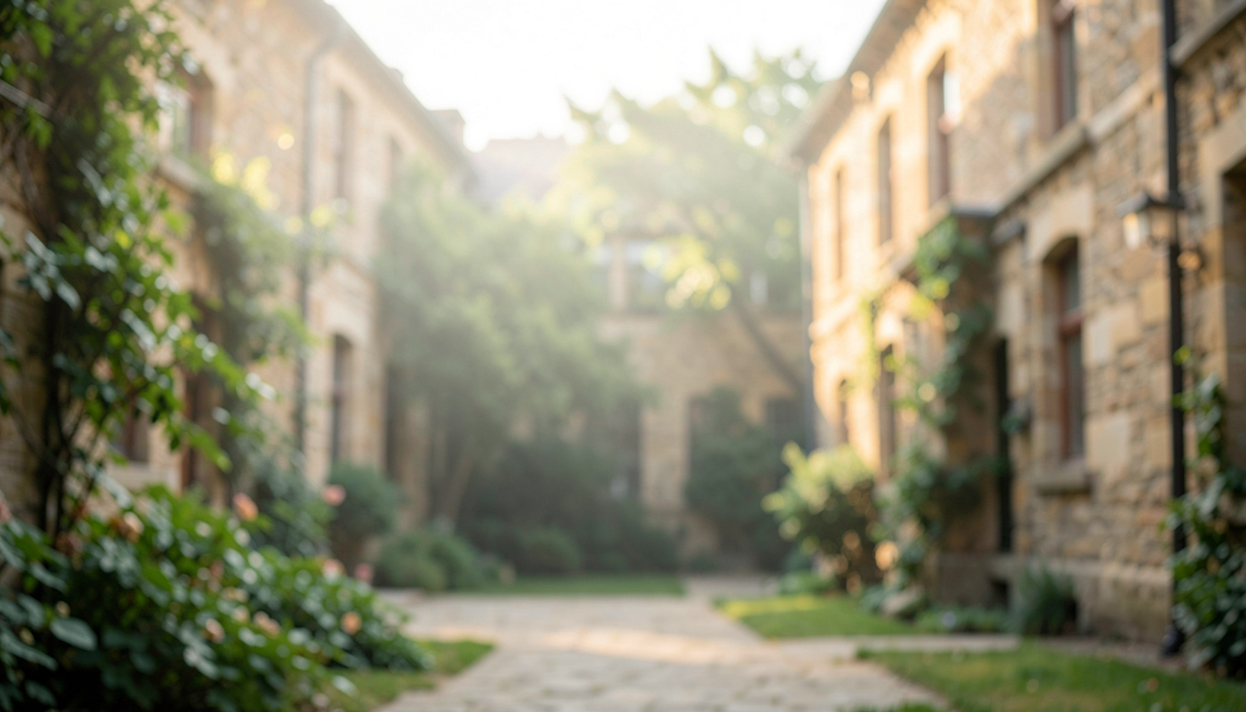 Soft-focus view of a quiet campus courtyard with warm stone buildings and green foliage under hazy morning light